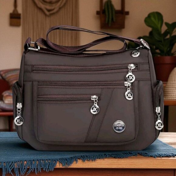 🆕️Waterproof Brown Nylon Crossbody Bag With 7 Zippered Pockets Travel Ready - Picture 5 of 12